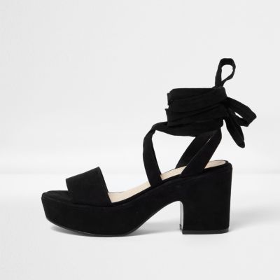 Black soft tie platform mid heel sandals